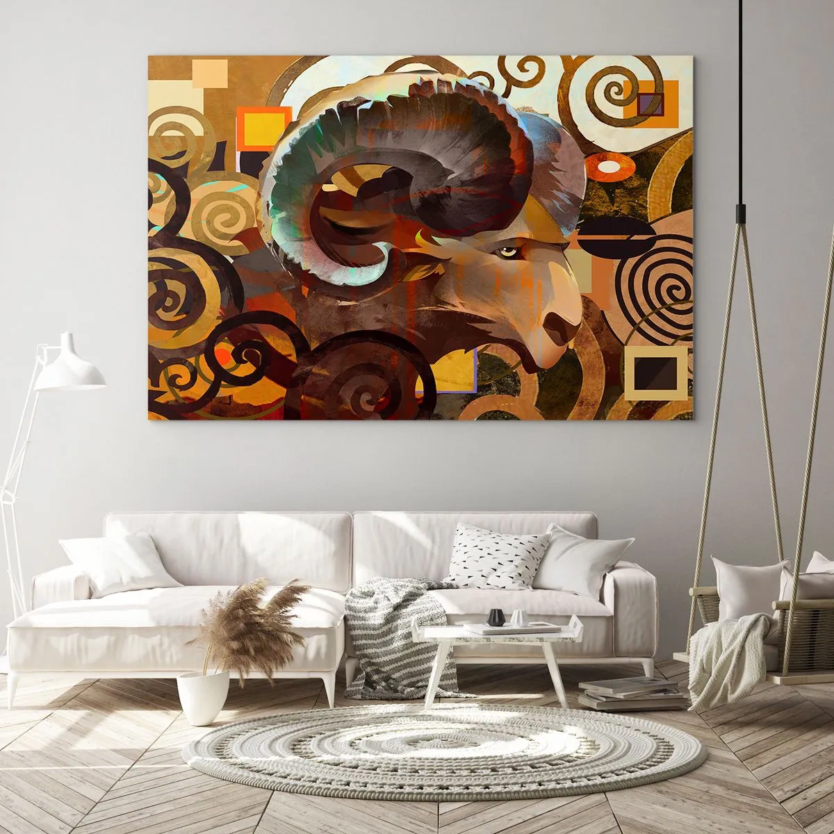 Impression sur verre - Image sur verre - Une image artistique d'un bélier dans une composition géométrique et en spirale. - 70x50cm - Magie - religions - rituels - Décoration murale moderne pour le salon et la chambre ARTTOR