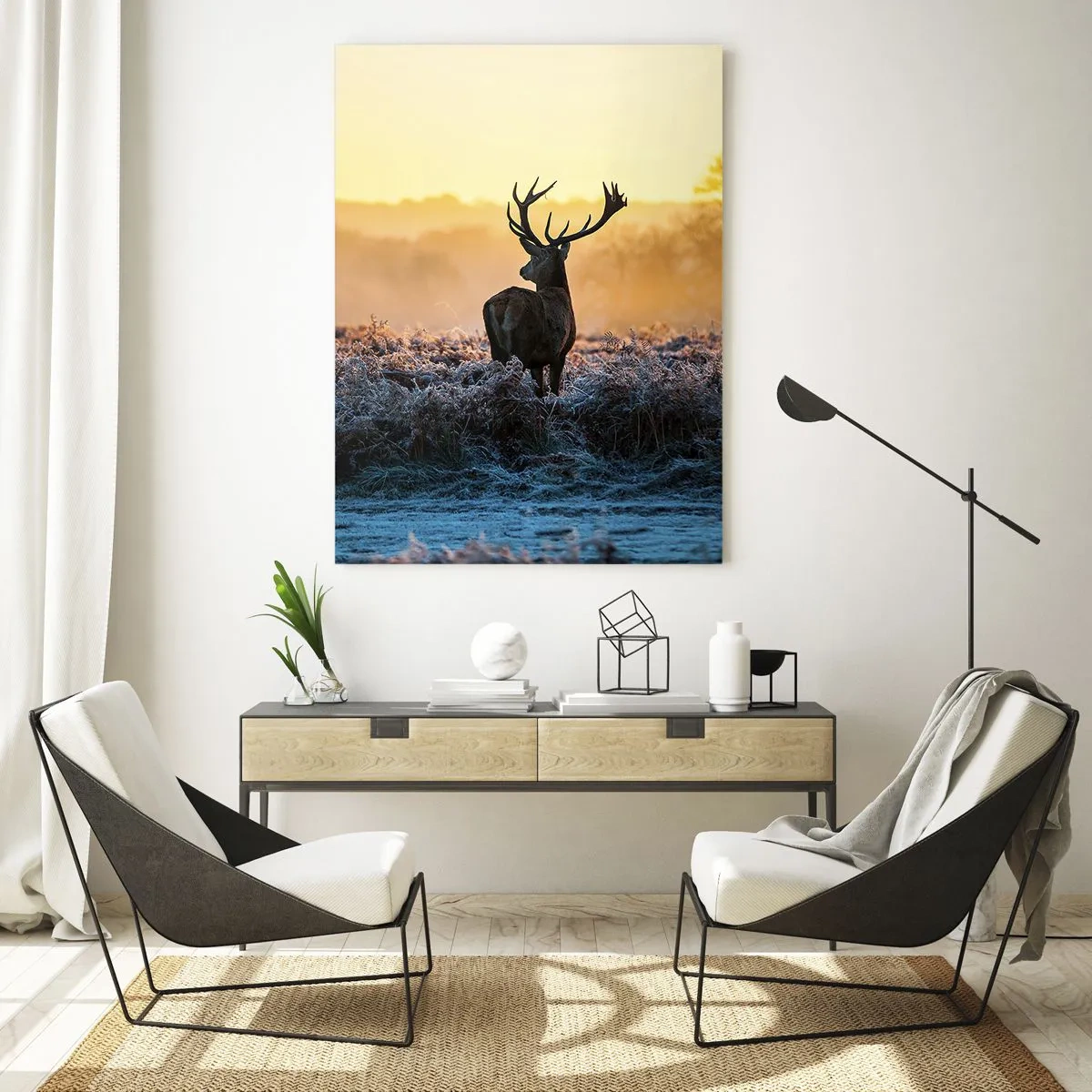 Impression sur verre - Image sur verre - Un cerf dans une clairière gelée au lever du soleil - 70x100cm - Couronné pour sa succession - Décoration murale moderne pour le salon et la chambre ARTTOR