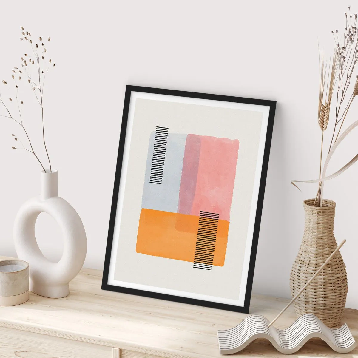 Affiche dans un cadre noir - Poster - Formes géométriques aux couleurs pastel avec des accents de lignes - 50x70cm - D'un coin à l'autre - Décoration murale moderne pour le salon et la chambre ARTTOR
