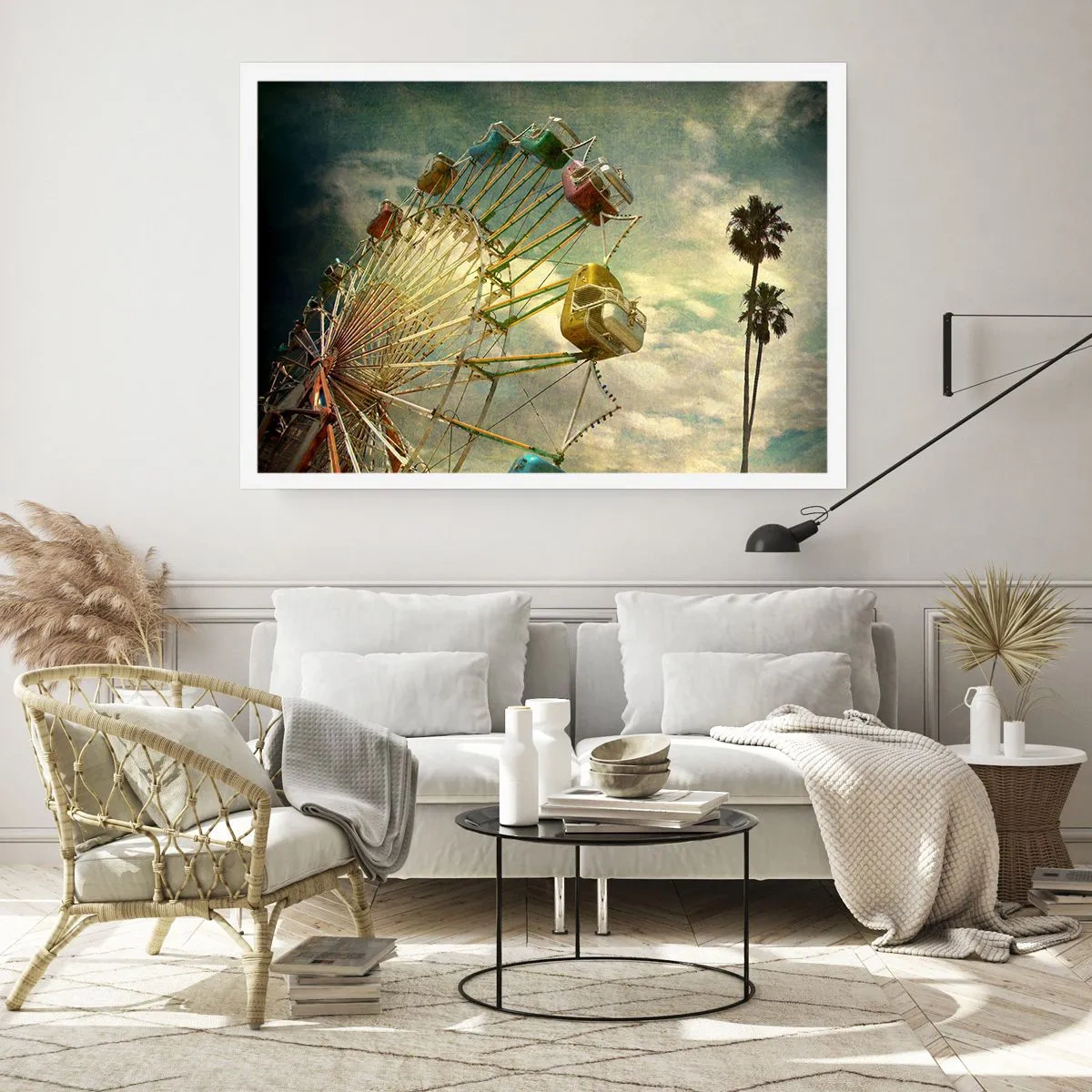 Affiche - Poster - Photo rétro d'une grande roue avec des palmiers contre le ciel - 100x70cm - On va faire la fête - Décoration murale moderne pour le salon et la chambre ARTTOR