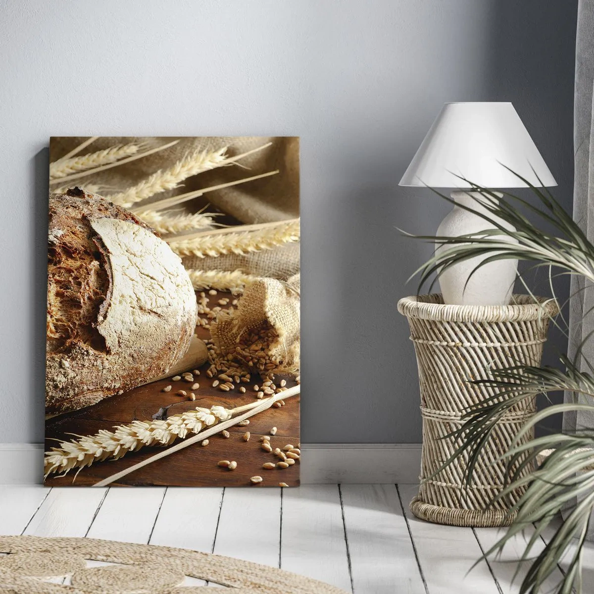 Impression sur toile - Image sur toile - Pain croustillant aux céréales et aux épis de blé sur fond de bois - 80x120cm - Appétissant, parfumé, croquant - Décoration murale moderne pour le salon et la chambre ARTTOR