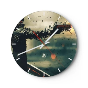 Horloge murale - Pendule murale - Un personnage futuriste avec une arme cybernétique dans un décor dynamique. - 30x30cm - L'arme fatale - Votre propre Terminator - Décoration murale moderne pour le salon, la cuisine et la chambre ARTTOR