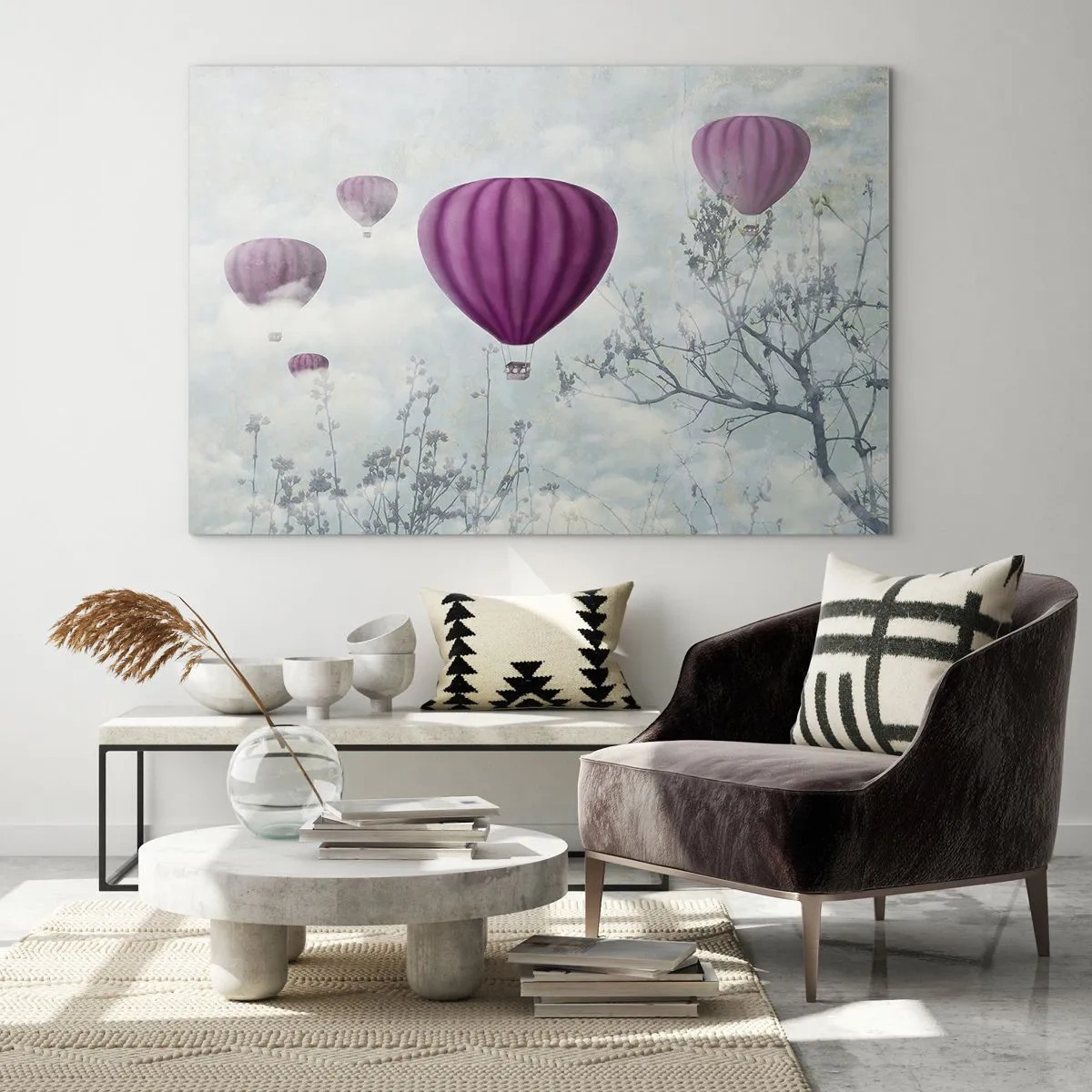 Impression sur verre - Image sur verre - Des ballons violets flottant parmi les nuages et les branches des arbres - 100x70cm - Comme des navires dans le ciel - Décoration murale moderne pour le salon et la chambre ARTTOR