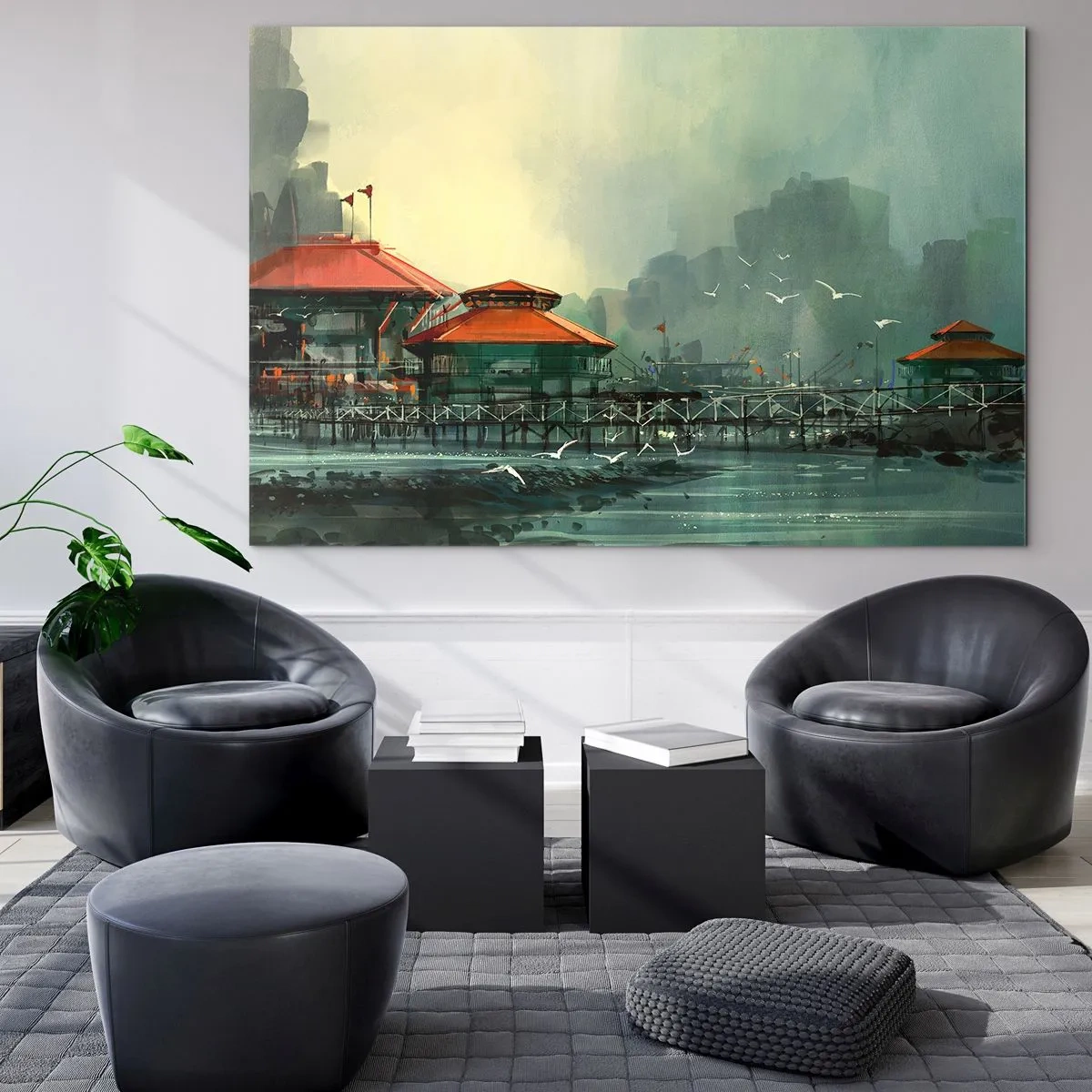 Impression sur verre - Image sur verre - Bâtiments portuaires aux toits rouges contre le brouillard - 100x70cm - Une journée ensoleillée au port - Décoration murale moderne pour le salon et la chambre ARTTOR