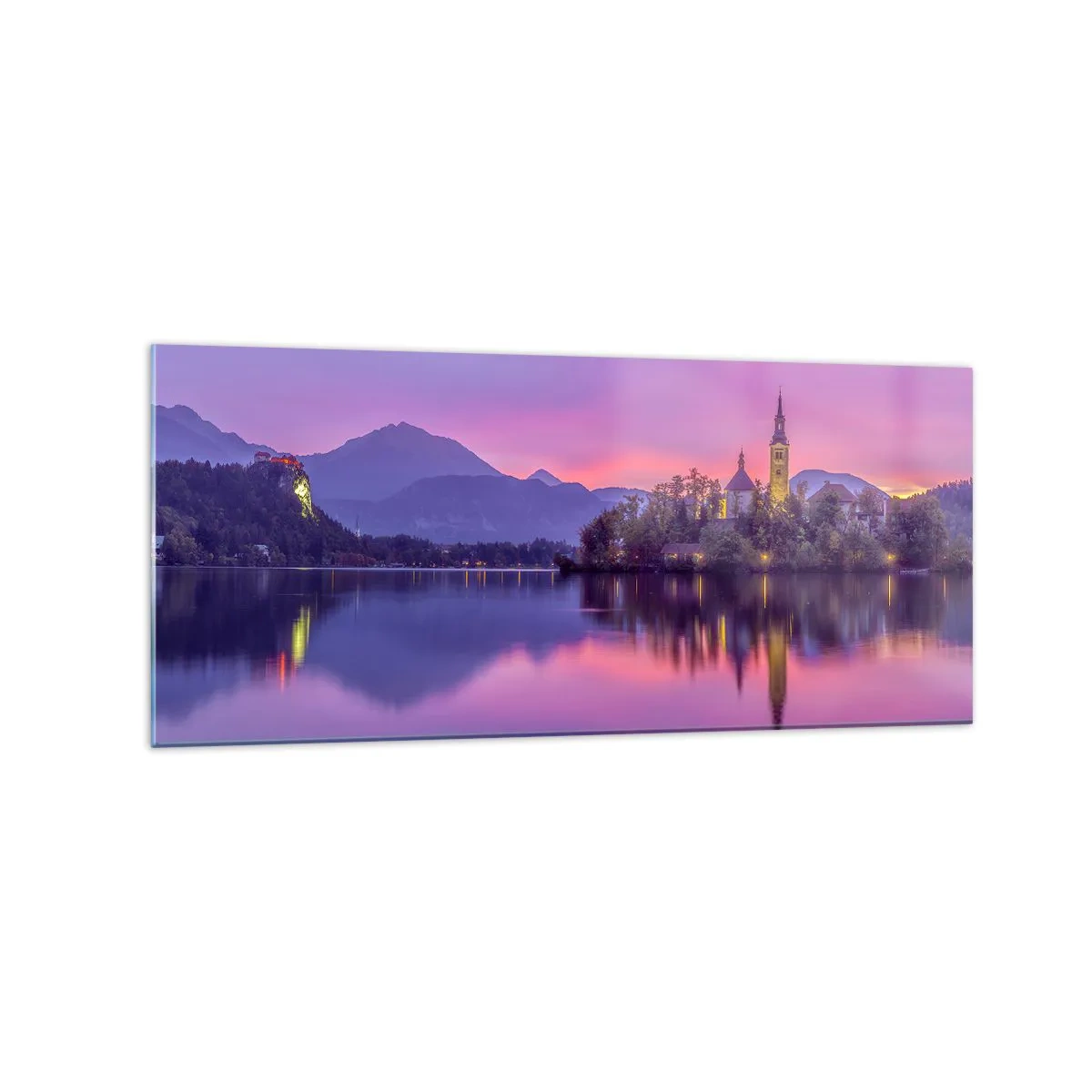Impression sur verre - Image sur verre - Lac avec une île et une église au coucher du soleil - 120x50cm - Une île de conte de fées au crépuscule - Décoration murale moderne pour le salon et la chambre ARTTOR