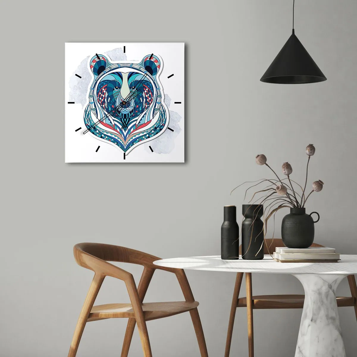 Horloge murale - Pendule murale - Ours géométrique dans les tons bleu et rouge - 30x30cm - Vive le Groenland ! - Décoration murale moderne pour le salon et la chambre ARTTOR