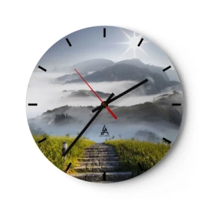 Horloge murale - Pendule murale - Escaliers menant aux montagnes enveloppées de brume et de soleil - 30x30cm - Toujours plus haut vers les nuages - Décoration murale moderne pour le salon, la cuisine et la chambre ARTTOR