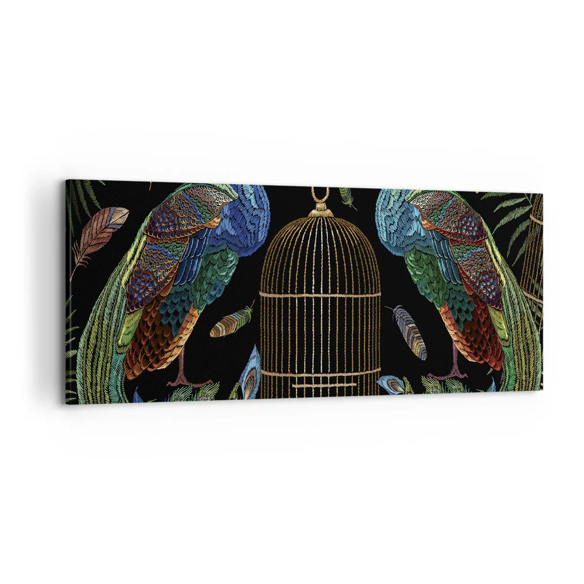 Impression sur toile - Image sur toile - Paons à côté d'une cage dorée sur fond noir - 120x50cm - En robes royales - Décoration murale moderne pour le salon et la chambre ARTTOR