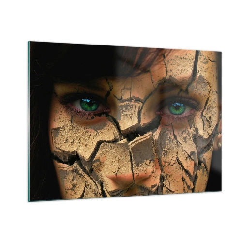 Impression sur verre - Image sur verre - Un visage de femme avec un effet de terre craquelée - 100x70cm - Plaisir et effroi en même temps - Décoration murale moderne pour le salon et la chambre ARTTOR