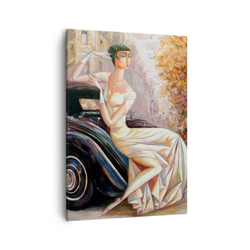 Impression sur toile - Image sur toile - Femme rétro à côté d'une voiture classique - 50x70cm - L'élégance dans un style rétro - Décoration murale moderne pour le salon et la chambre ARTTOR