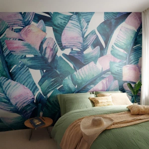 Papier Peint Photo Premium Sand - Feuilles tropicales à l'aquarelle aux couleurs pastel - 100x70cm - Dans une bananeraie - Décoration murale moderne pour le salon et la chambre ARTTOR
