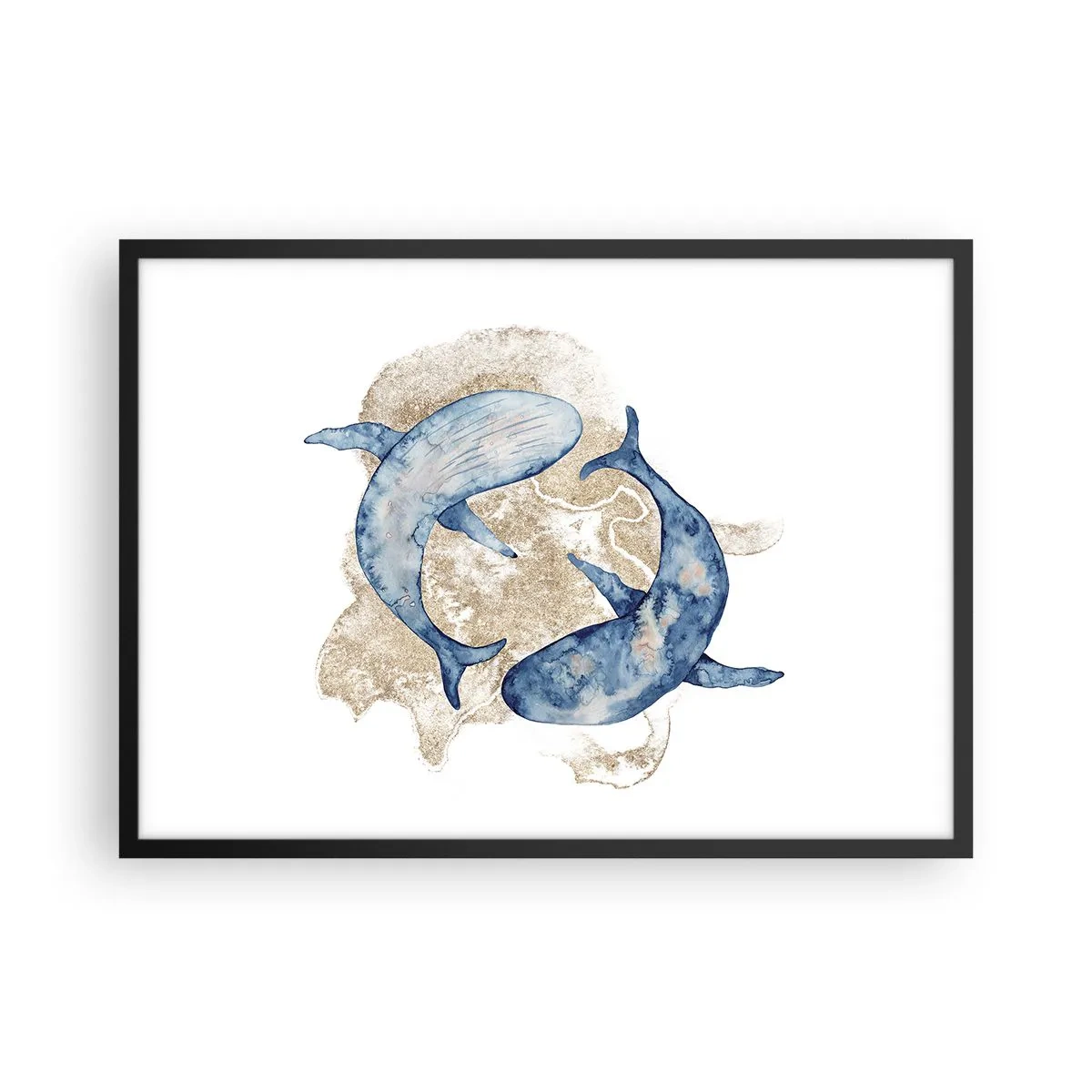 Affiche dans un cadre noir - Poster - Baleines bleues abstraites sur fond clair - 70x50cm - Amis ou amoureux? - Décoration murale moderne pour le salon et la chambre ARTTOR