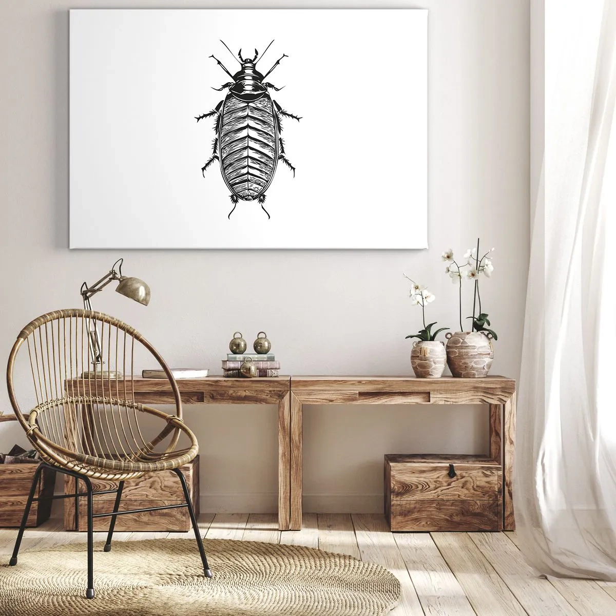 Impression sur toile - Image sur toile - Graphique d'un insecte noir et blanc sur fond blanc - 70x50cm - Quel spécimen! - Décoration murale moderne pour le salon et la chambre ARTTOR