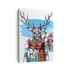 Impression sur toile - Image sur toile - Un cerf dans un pull d'hiver sur fond de paysage de montagne - 50x70cm - Même le cerf ne gèle pas - Décoration murale moderne pour le salon et la chambre ARTTOR