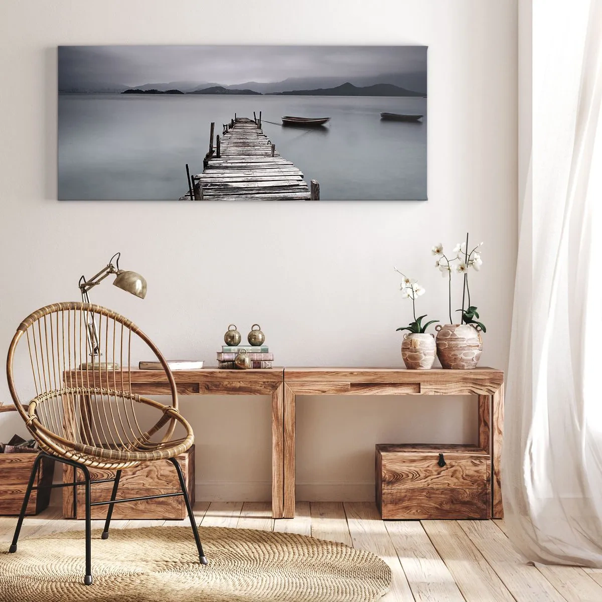 Impression sur toile - Image sur toile - Un pont en bois menant à la surface calme du lac - 120x50cm - Tu peux partir demain - Décoration murale moderne pour le salon et la chambre ARTTOR