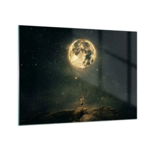 Impression sur verre - Image sur verre - Une figure sur un rocher tenant la lune, qui est piégée sur une corde. - 70x50cm - Celui qui a volé la lune - Décoration murale moderne pour le salon et la chambre ARTTOR