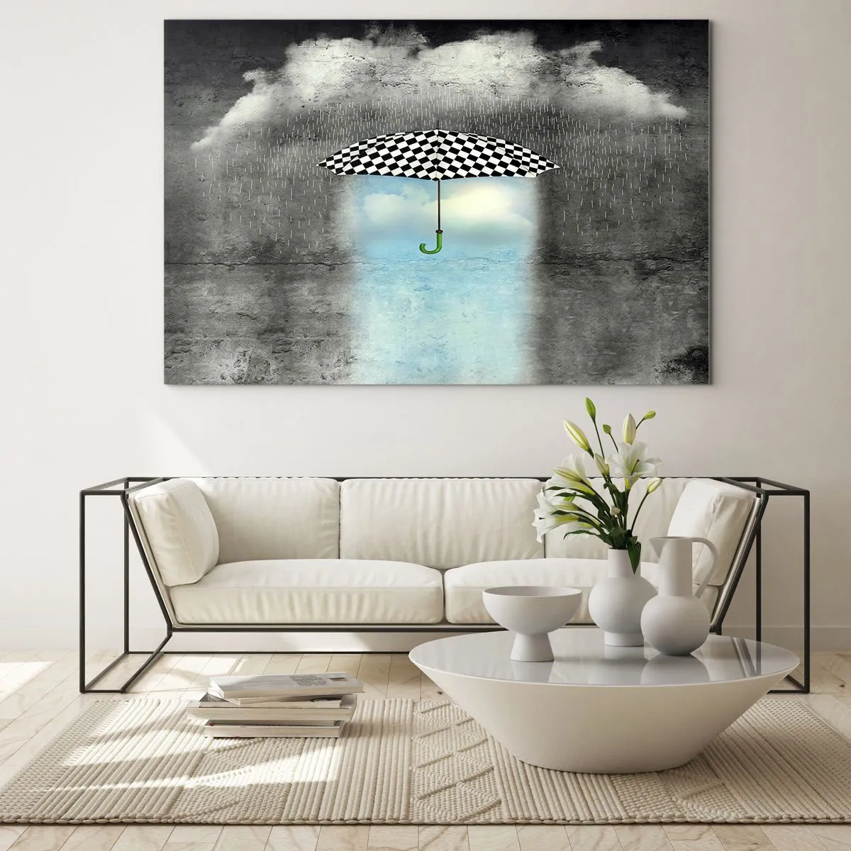 Impression sur verre - Image sur verre - Un parapluie à carreaux noir et blanc sur fond de pluie et de nuages - 70x50cm - Et pourtant c'est possible - Décoration murale moderne pour le salon et la chambre ARTTOR