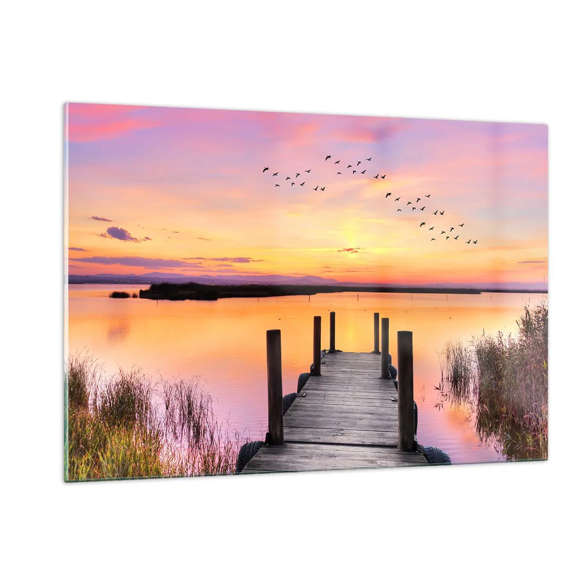Impression sur verre - Image sur verre - Jetée au bord du lac au coucher du soleil avec des oiseaux dans le ciel - 120x80cm - Aube silencieuse violette - Décoration murale moderne pour le salon et la chambre ARTTOR