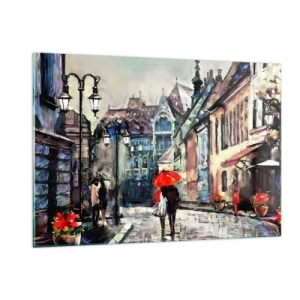 Impression sur verre - Image sur verre - Un couple sous un parapluie rouge se promenant dans une rue pittoresque - 120x80cm - Pluie pour deux - Décoration murale moderne pour le salon et la chambre ARTTOR