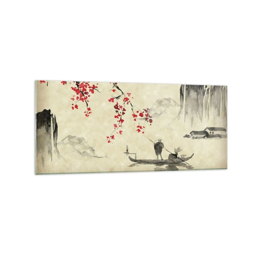 Impression sur verre - Image sur verre - Illustration orientale avec un bateau et une branche fleurie - 120x50cm - Au pays des cerisiers en fleurs - Décoration murale moderne pour le salon et la chambre ARTTOR