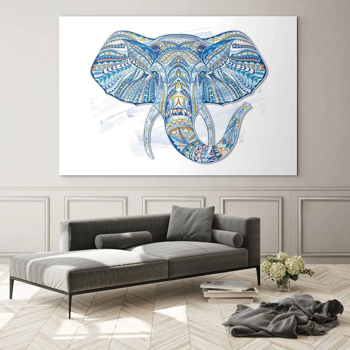Impression sur verre - Image sur verre - Éléphant bleu dans un style artistique avec des motifs géométriques - 120x80cm - Incrusté d'or et de bleu ciel - Décoration murale moderne pour le salon et la chambre ARTTOR