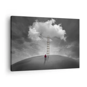 Impression sur toile - Image sur toile - Une personne portant un manteau rouge et une échelle menant à un nuage - 70x50cm - Tout est possible - Décoration murale moderne pour le salon et la chambre ARTTOR