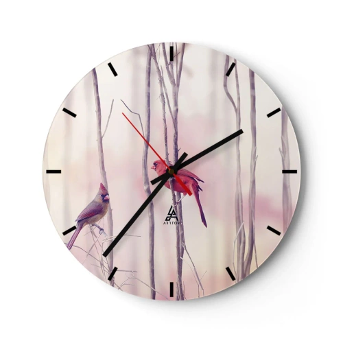 Horloge murale - Pendule murale - Une paire de cardinaux perchés sur des branches avec un fond pastel - 30x30cm - Conte de la forêt rose - Décoration murale moderne pour le salon, la cuisine et la chambre ARTTOR