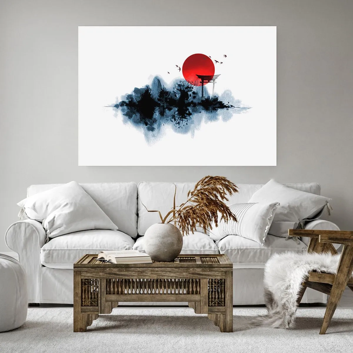 Affiche - Poster - Soleil rouge sur un paysage pittoresque avec torii - 100x70cm - Vue japonnaise - Décoration murale moderne pour le salon et la chambre ARTTOR