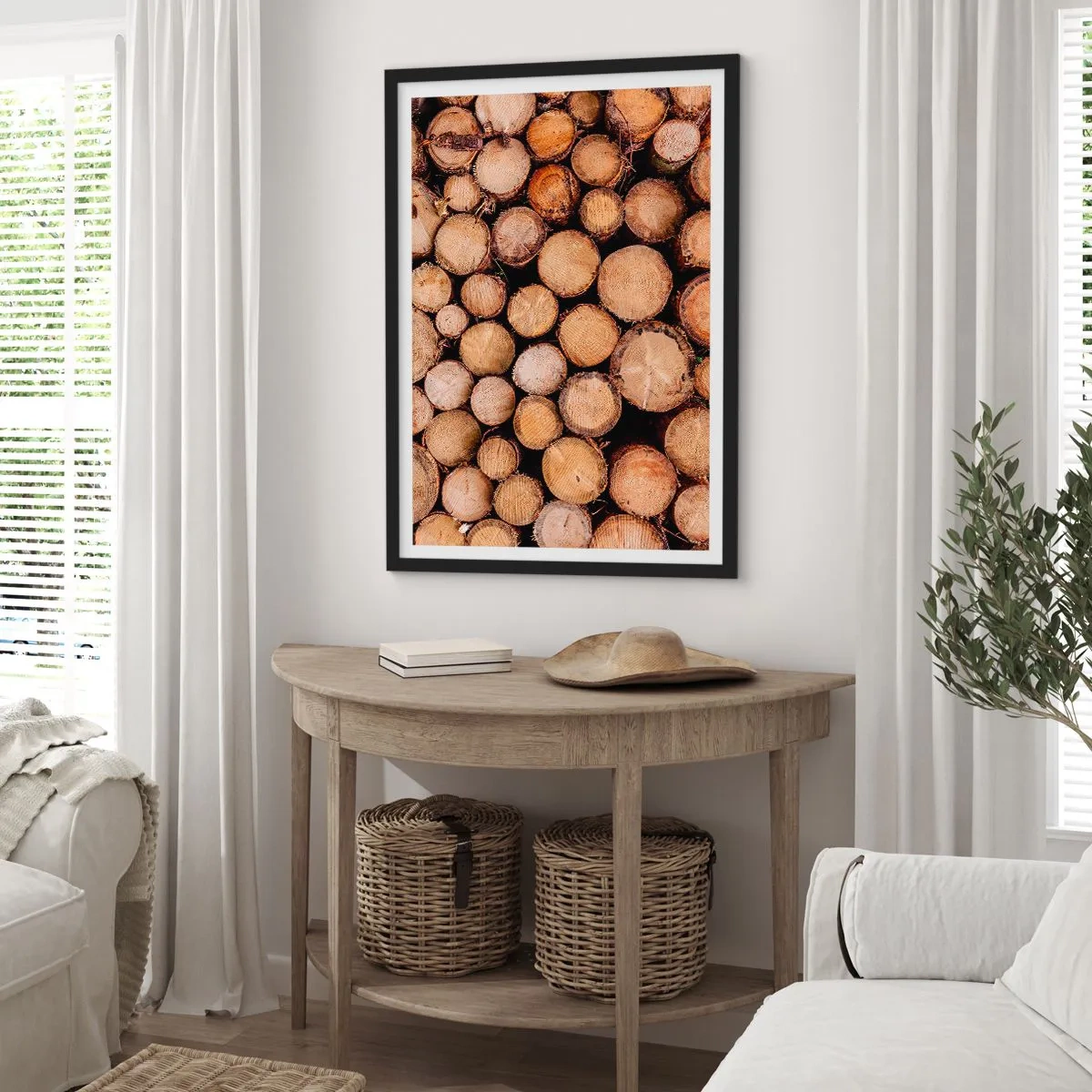 Affiche dans un cadre noir - Poster - Troncs d'arbres coupés naturellement dans un arrangement artistique - 50x70cm - Nouveau commencement - Décoration murale moderne pour le salon et la chambre ARTTOR