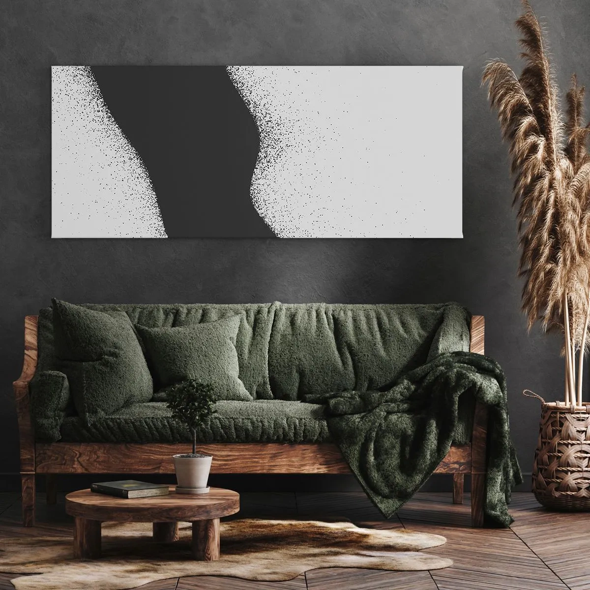 Impression sur toile - Image sur toile - Motif abstrait noir et blanc avec des points délicats sur toile - 160x50cm - Équilibre fluide - Décoration murale moderne pour le salon et la chambre ARTTOR