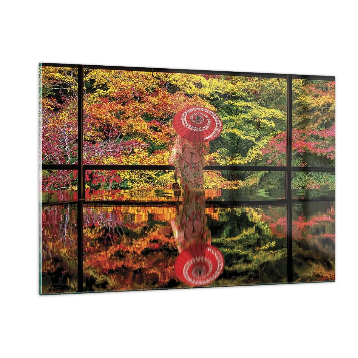 Impression sur verre - Image sur verre - Une femme en kimono avec un parapluie sur fond de paysage d'automne, reflété dans l'eau. - 120x80cm - Dans le temple de la nature - Décoration murale moderne pour le salon et la chambre ARTTOR
