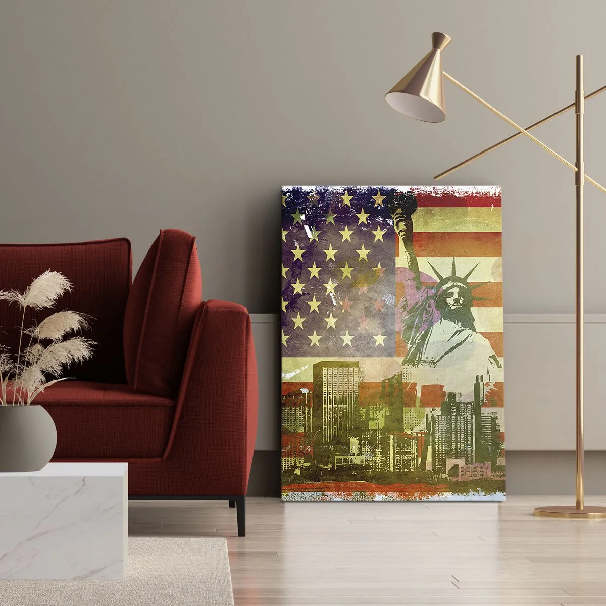 Impression sur toile - Image sur toile - La Statue de la Liberté avec en toile de fond le drapeau américain et les toits de la ville - 50x70cm - Vive l'Amérique! - Décoration murale moderne pour le salon et la chambre ARTTOR