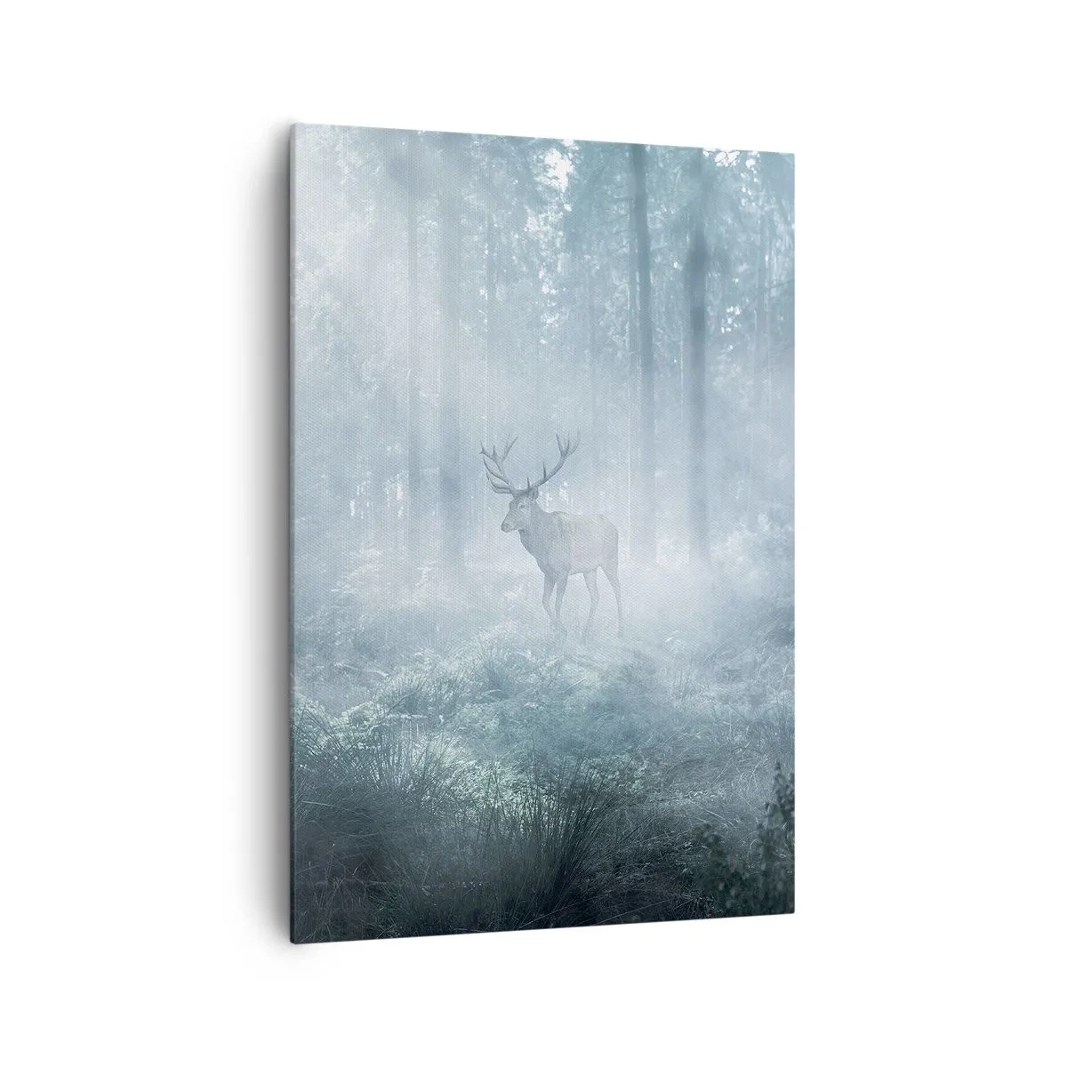 Impression sur toile - Image sur toile - Un cerf dans une forêt dense enveloppée de brume matinale - 70x100cm - Visite matinale du domaine - Décoration murale moderne pour le salon et la chambre ARTTOR