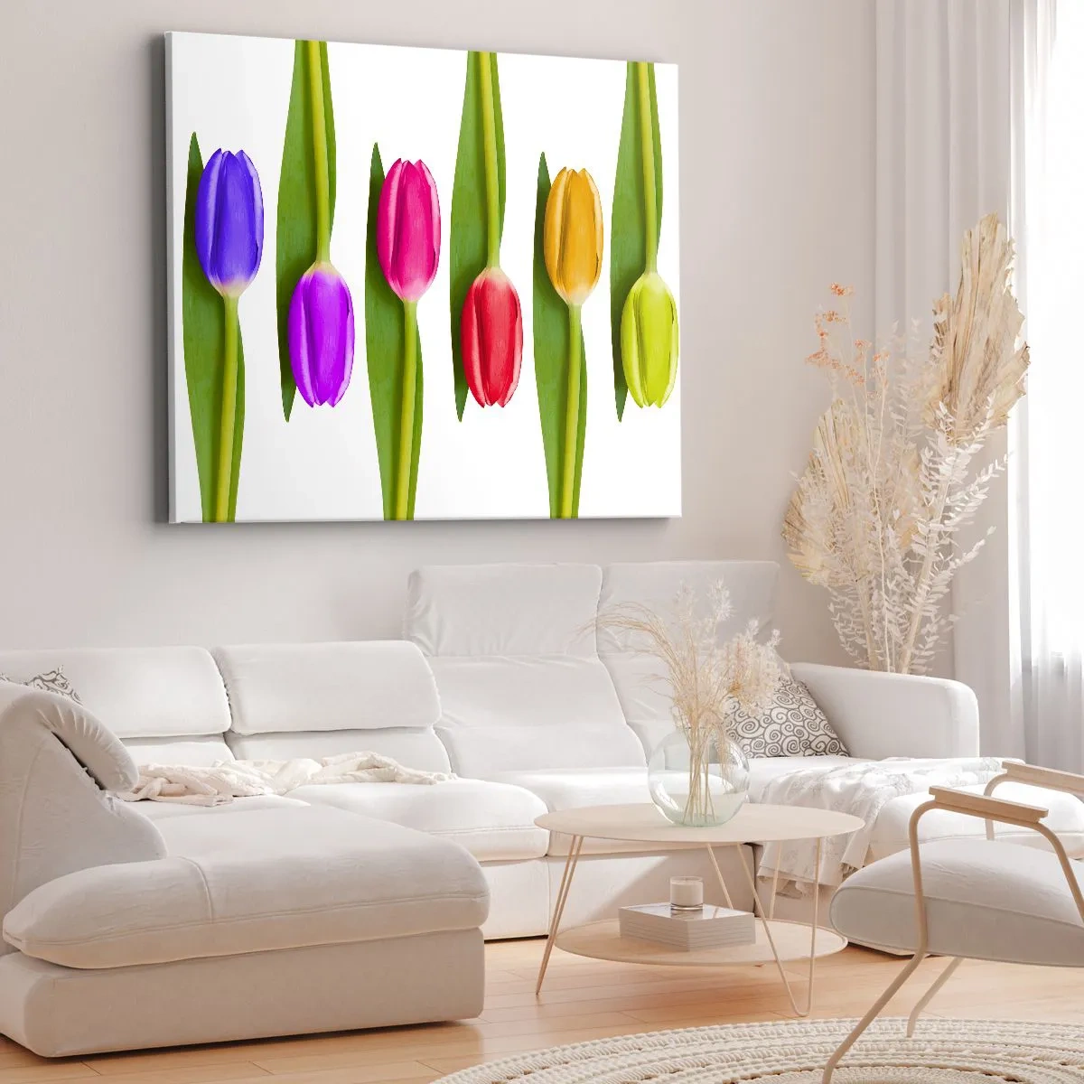 Impression sur toile - Image sur toile - Tulipes multicolores disposées en rangée sur fond blanc - 70x50cm - Composition arc-en-ciel - Décoration murale moderne pour le salon et la chambre ARTTOR
