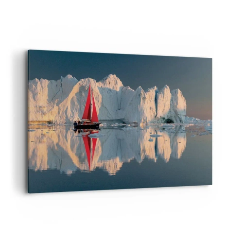 Impression sur toile - Image sur toile - Un voilier avec une voile rouge sur fond de glacier - 120x80cm - Aux limites du monde - Décoration murale moderne pour le salon et la chambre ARTTOR