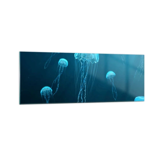 Impression sur verre - Image sur verre - Méduses flottant dans les profondeurs de l'océan dans des tons bleus - 140x50cm - Danse océanique - Décoration murale moderne pour le salon et la chambre ARTTOR