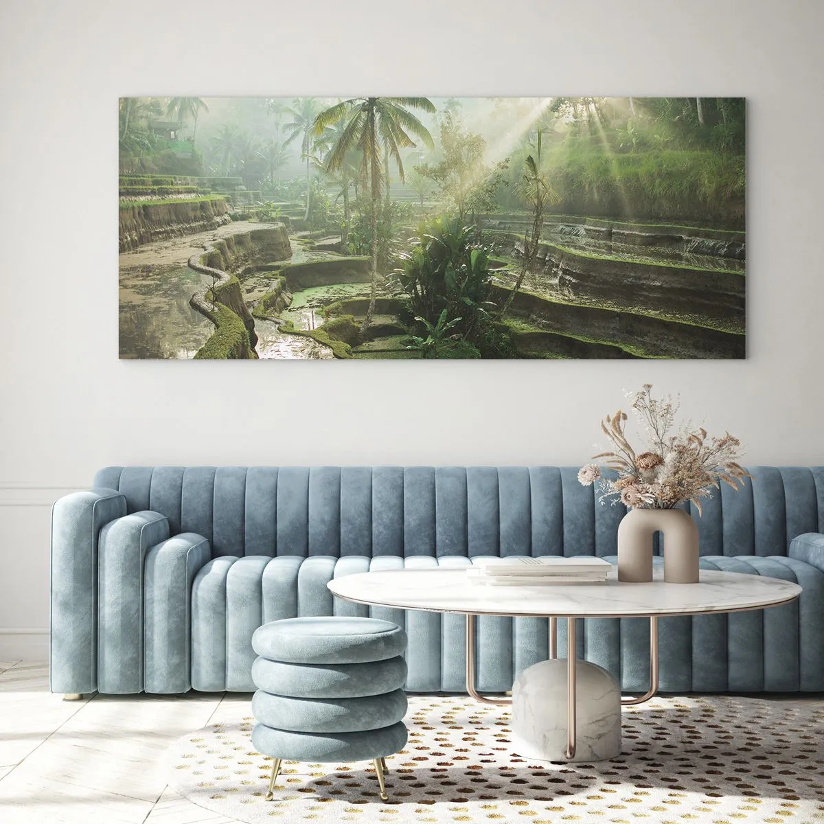 Impression sur verre - Image sur verre - Rizières en terrasses avec palmiers sous les rayons du soleil - 140x50cm - Grandir au soleil - Décoration murale moderne pour le salon et la chambre ARTTOR