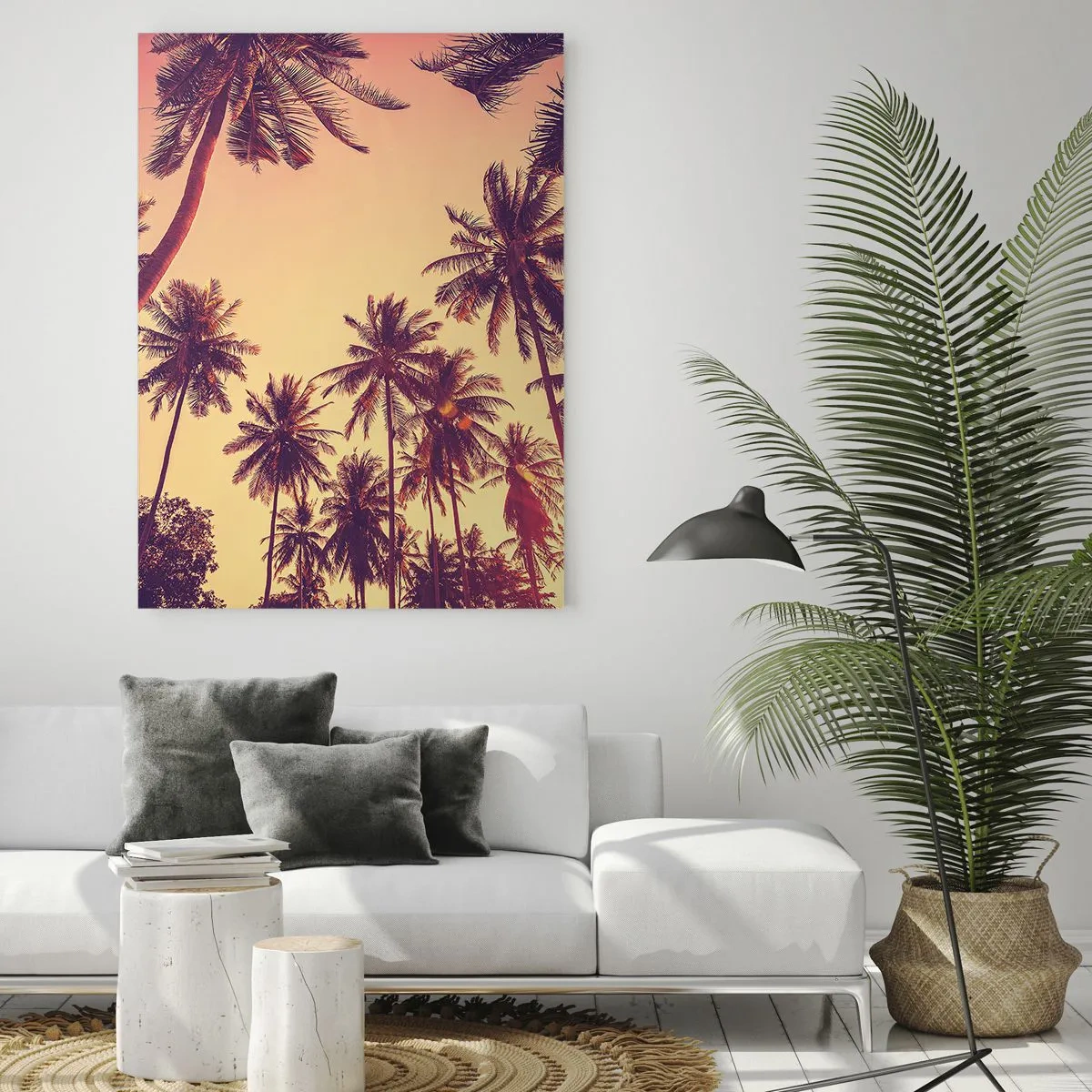 Impression sur verre - Image sur verre - Palmiers contre le ciel aux couleurs chaudes du coucher de soleil - 70x100cm - Variation tropicale - Décoration murale moderne pour le salon et la chambre ARTTOR