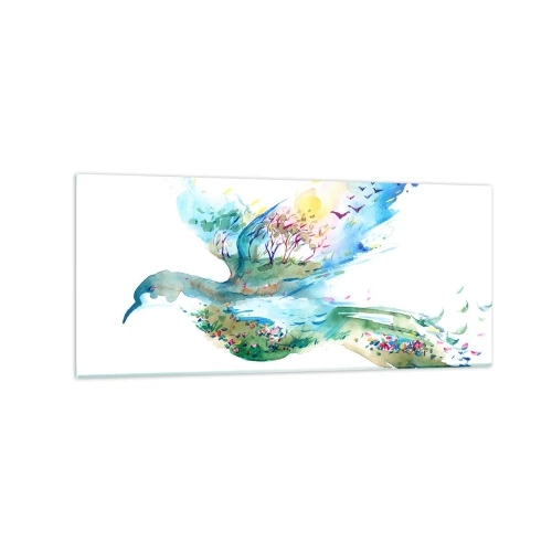 Impression sur verre - Image sur verre - Composition à l'aquarelle d'un oiseau avec des éléments de la nature - 120x50cm - Sur les ailes de la nature - Décoration murale moderne pour le salon et la chambre ARTTOR