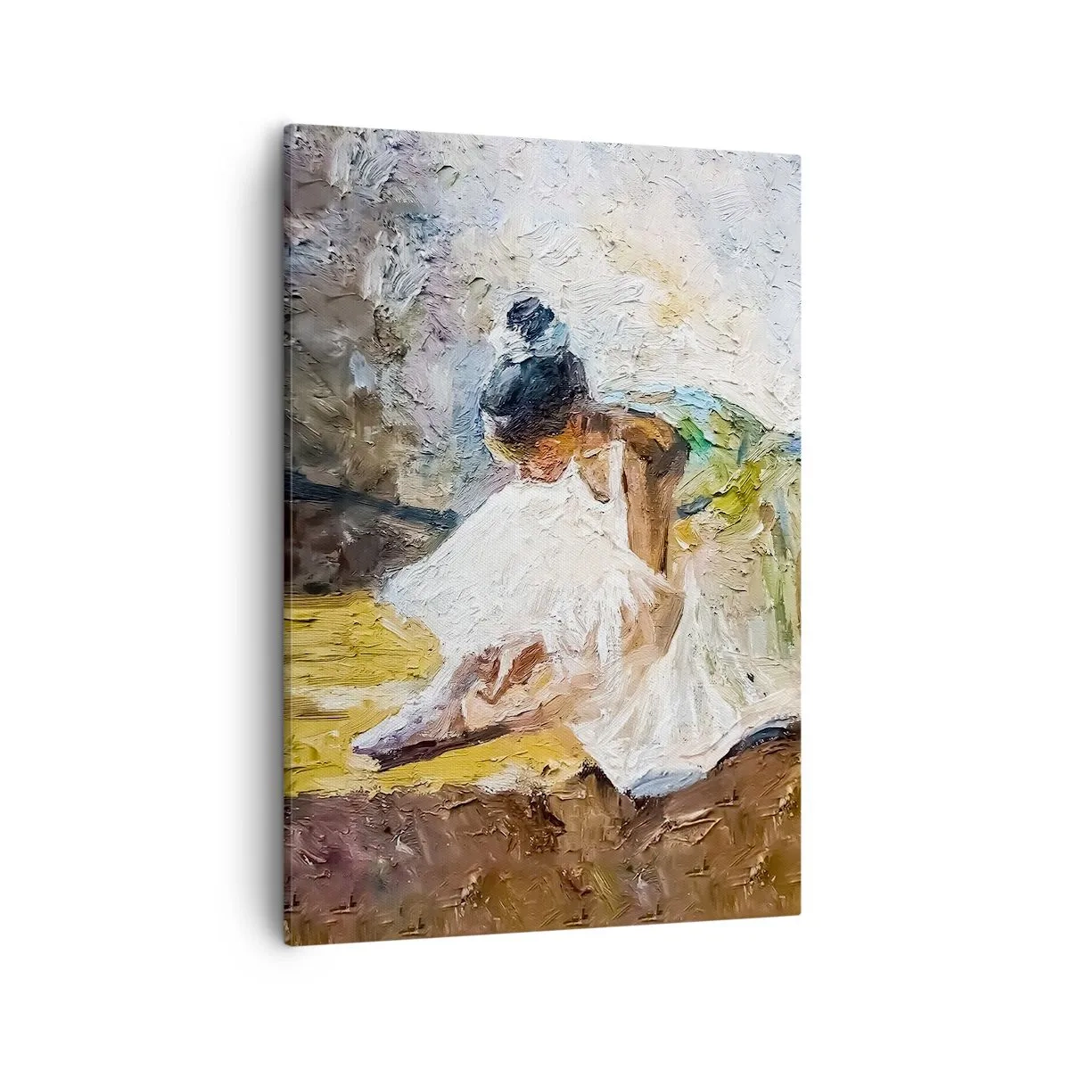 Impression sur toile - Image sur toile - Une ballerine en robe blanche dans un style pictural sur un fond impressionniste. - 50x70cm - D'après un tableau de Degas - Décoration murale moderne pour le salon et la chambre ARTTOR