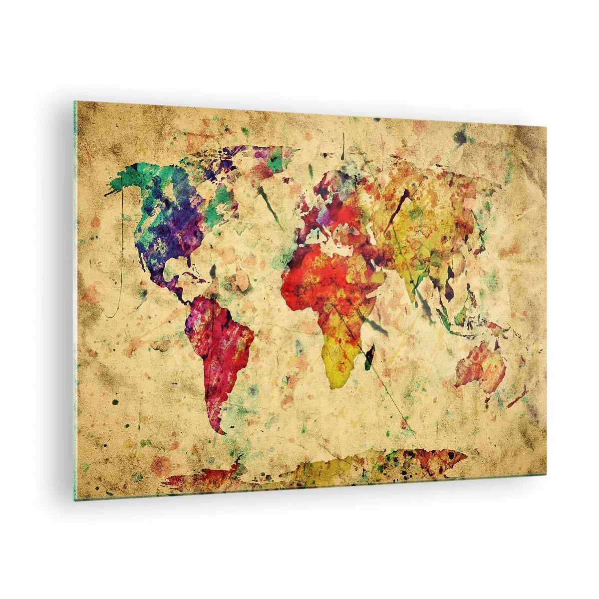 Impression sur verre - Image sur verre - Carte du monde colorée sur un fond texturé et vintage - 70x50cm - La vie comme du papier carte coloré - Décoration murale moderne pour le salon et la chambre ARTTOR