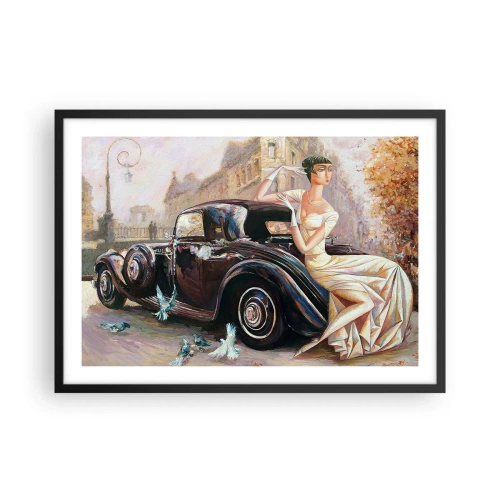 Affiche dans un cadre noir - Poster - Femme rétro à côté d'une voiture classique - 70x50cm - L'élégance dans un style rétro - Décoration murale moderne pour le salon et la chambre ARTTOR