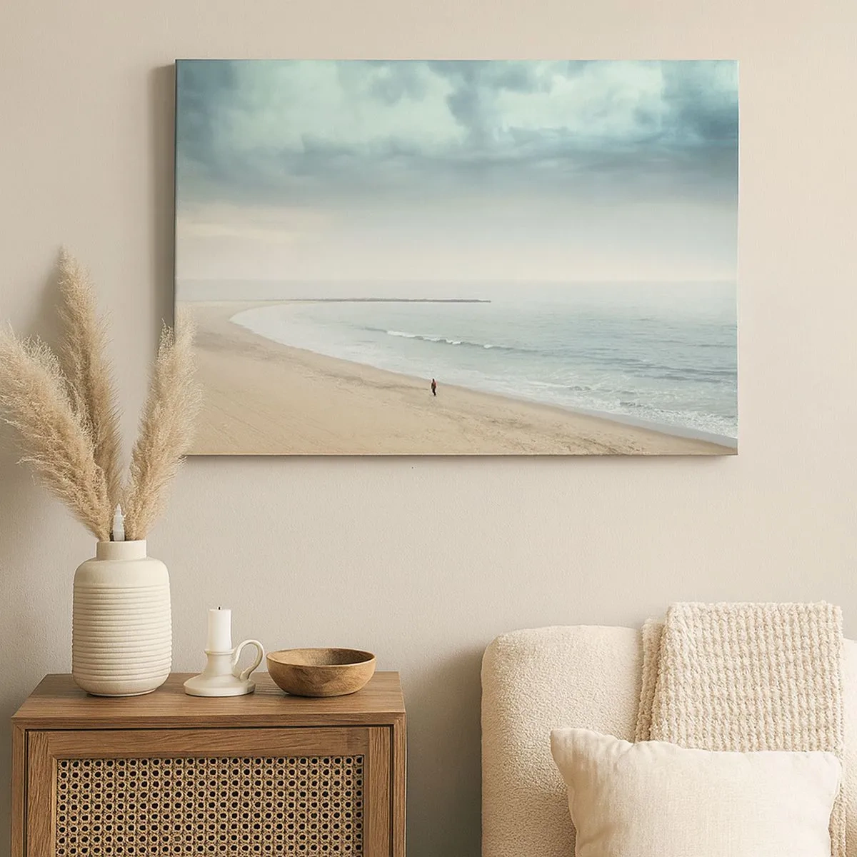 Impression sur toile - Image sur toile - Une silhouette solitaire sur une plage déserte au bord d'une mer calme - 70x50cm - à la recherche de la paix - Décoration murale moderne pour le salon et la chambre ARTTOR