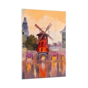Impression sur verre - Image sur verre - Le moulin à vent rouge du Moulin Rouge parmi les immeubles parisiens - 50x70cm - Icones parisiennes – le Moulin rouge - Décoration murale moderne pour le salon et la chambre ARTTOR