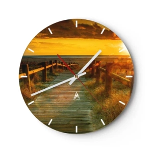 Horloge murale - Pendule murale - Coucher de soleil sur le chemin en bois - 30x30cm - Baigné dans le vieil or - Décoration murale moderne pour le salon, la cuisine et la chambre ARTTOR