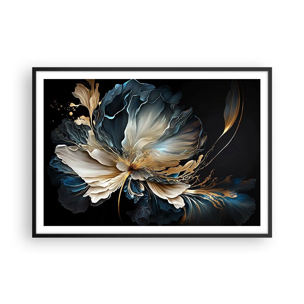 Affiche dans un cadre noir - Poster - Une fleur dans les tons or et bleu marine sur fond noir - 100x70cm - Fleur de fougère de conte de fées - Décoration murale moderne pour le salon et la chambre ARTTOR