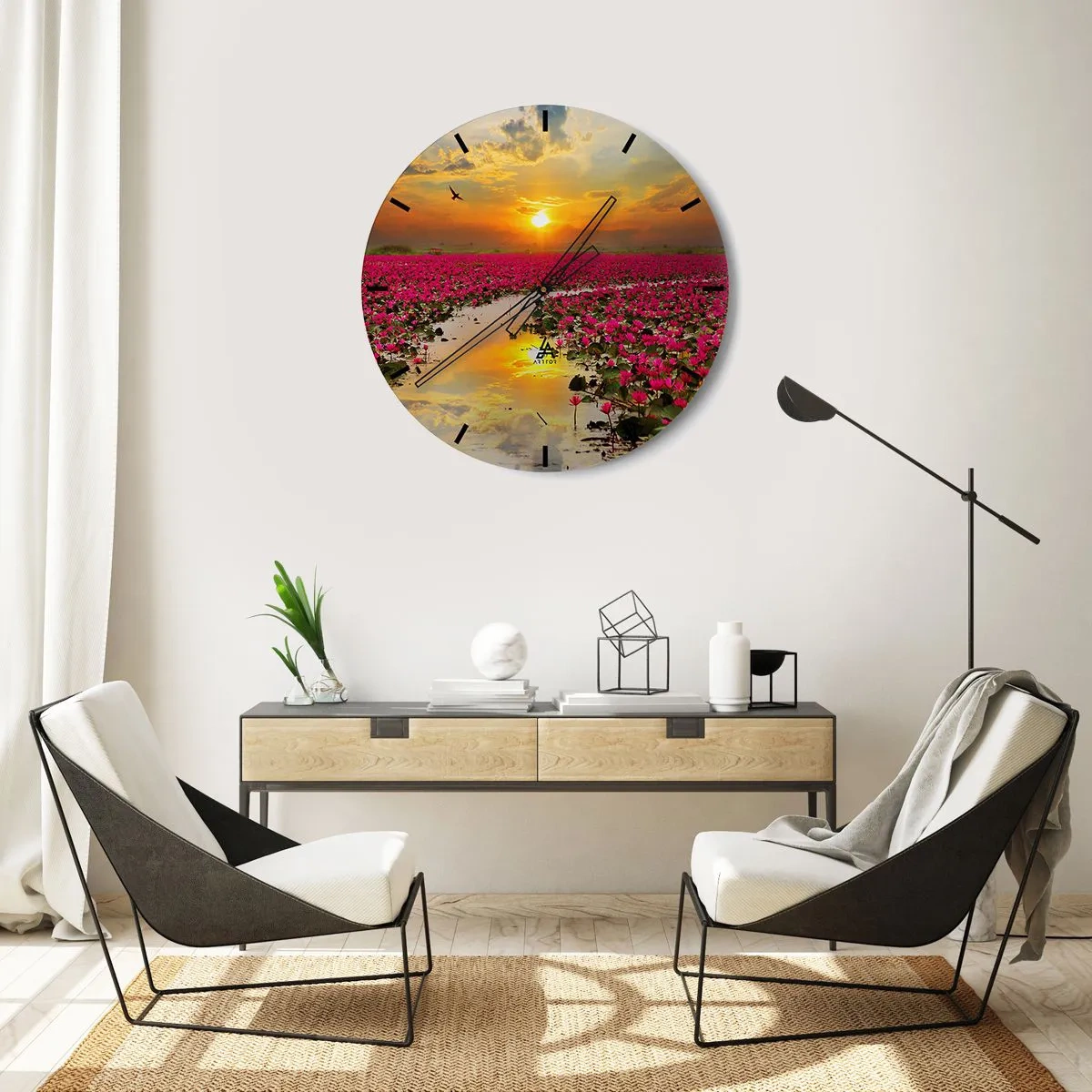 Horloge murale - Pendule murale - Un champ de fleurs de lotus roses au coucher du soleil - 30x30cm - La vie secrète du lac - Décoration murale moderne pour le salon, la cuisine et la chambre ARTTOR