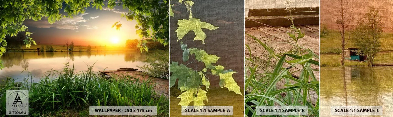 Échantillon de Papier Peint Premium Canvas - Paysage dans un cadre verdoyant - Paysage, Lac, Pont de bois - 100x30 cm