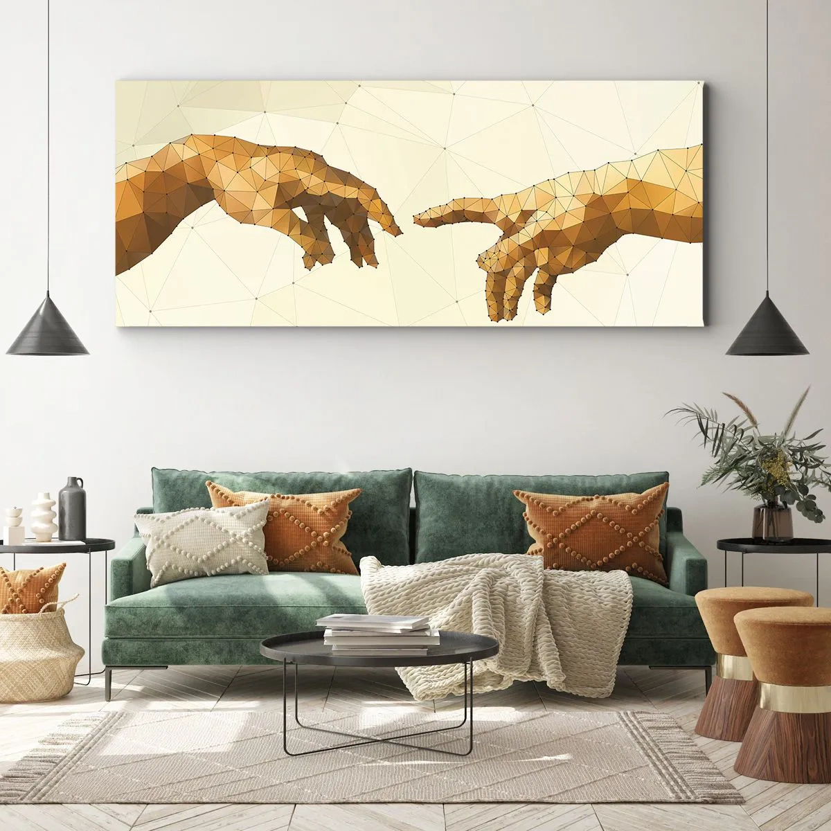 Impression sur toile - Image sur toile - Mains géométriques tendues l'une vers l'autre sur un fond clair - 140x50cm - Géométrie divine - Décoration murale moderne pour le salon et la chambre ARTTOR