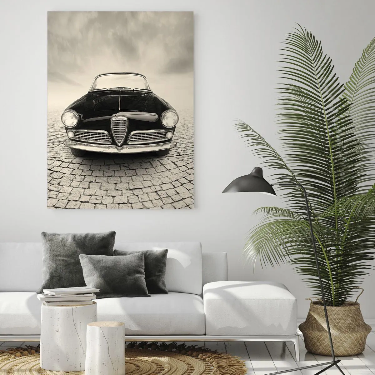 Impression sur verre - Image sur verre - Une voiture classique sur une place pavée dans un style monochrome - 80x120cm - Et alors! Tu ne m'aime pas? - Décoration murale moderne pour le salon et la chambre ARTTOR